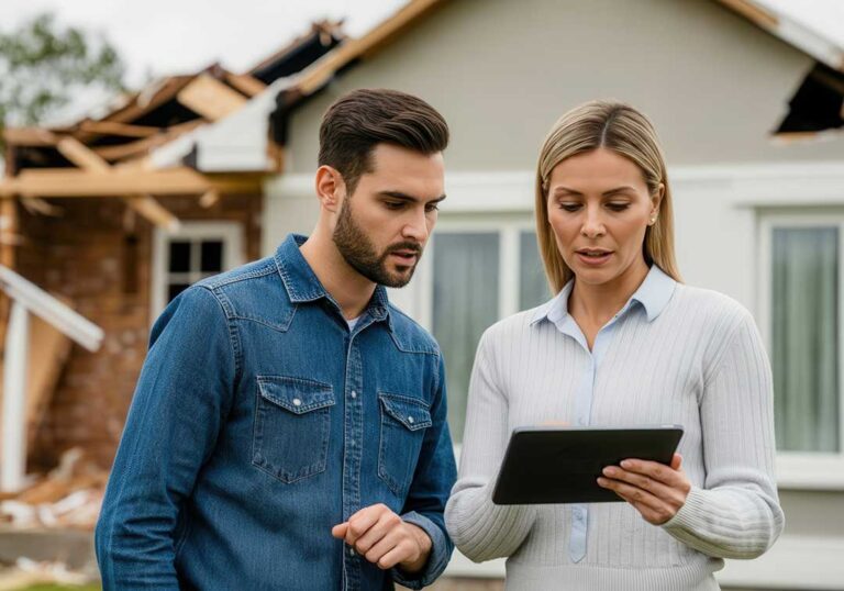Homeowner reviews insurance papers beside storm photos while rain falls outside a damaged house window