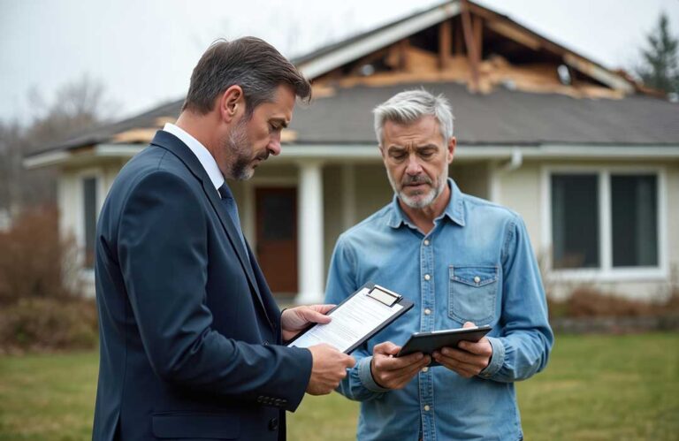 Homeowner reviewing an insurance policy beside roof, plumbing, and storm-damage photographs.
